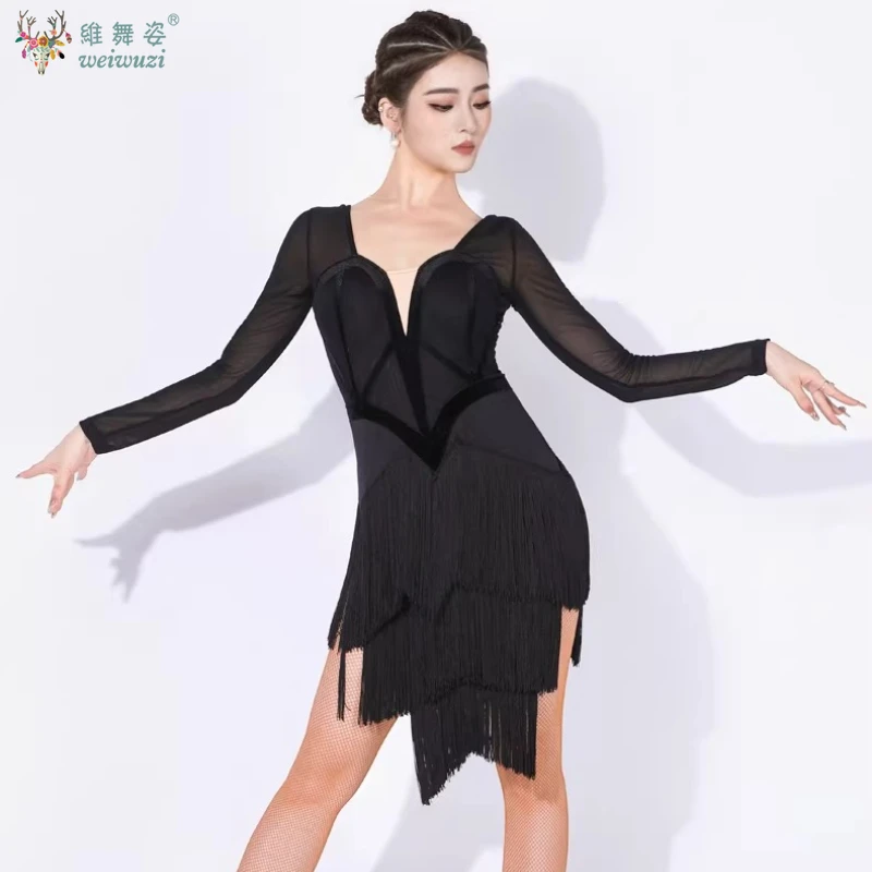 robe-de-danse-latine-sexy-une-piece-pour-femme-avec-bretelles-rembourree-extensible-manches-en-maille-et-franges-pour-competition-de-salsa-et-samba