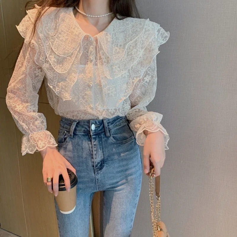 Shirts Women Sheer Thin Summer Sweet Ladies Fashion Lovely Simple Blusas Hot Sale Preppy Style Peter Pan Collar Ulzzang Holiday