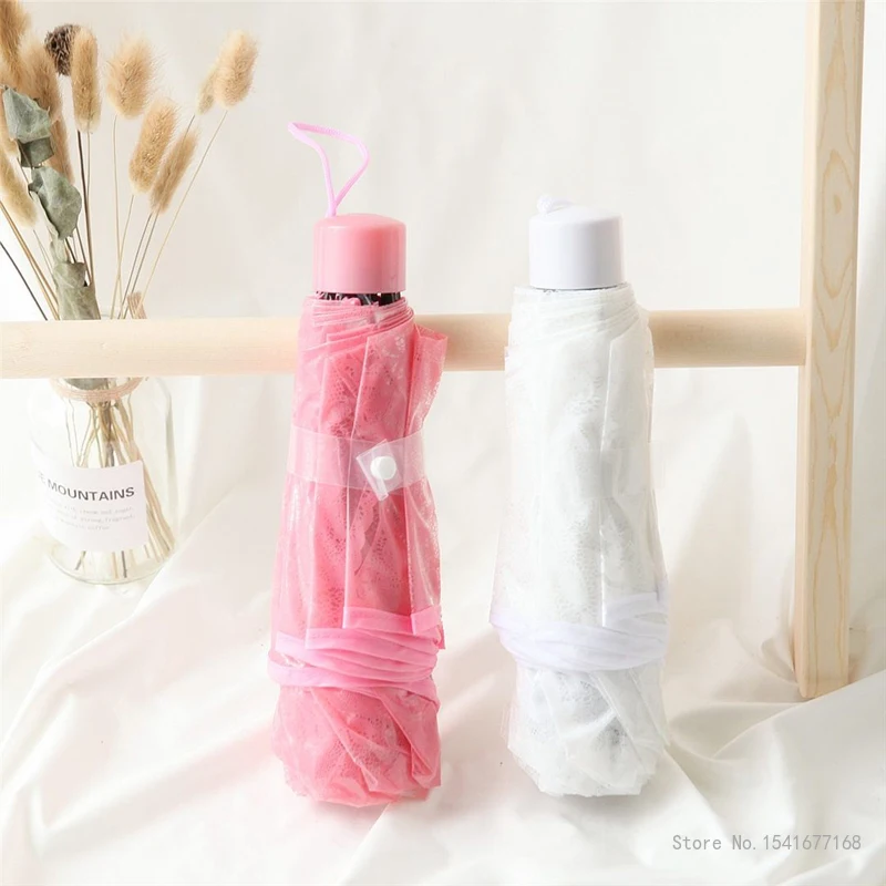 Aluminum Alloy Lace Umbrella for Women, White, Pink, Transparent, Love Print, Three Fold, Skeleton, Creative, Summer, 1Pc