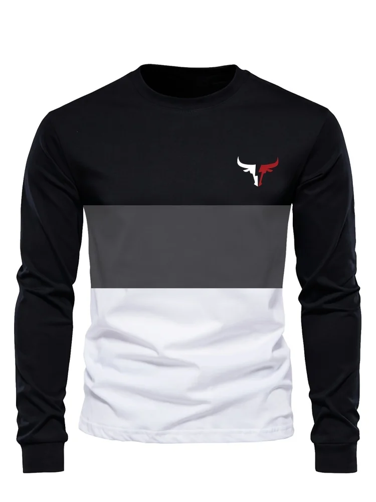 

New Men's Long Sleeve T-shirt Outdoor Hiking and Daily Wear Top Breathable Crew Neck Pullover Horn Pattern Fashion Long Sleeve