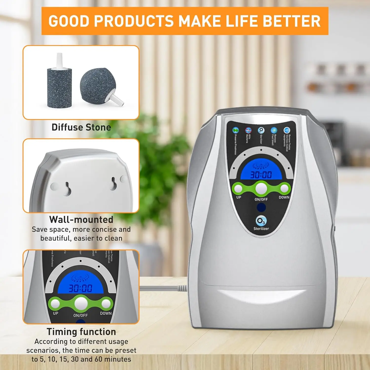 타이머가 있는 휴대용 오존 발생기, 가정, 주방, 사무실 물 및 공기 정화용 500mg/h