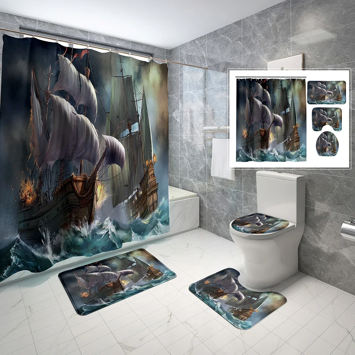 4 Pcs Oil Painting Sailboat Shower Curtain Sets Pictorial Art Ships Non-Slip Bath Mat Toilet Cover Waterproof Shower Curtain Set