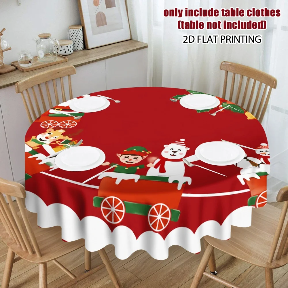 2D flat print, 1-piece Santa train pattern round tablecloth, suitable for a warm home dining environment