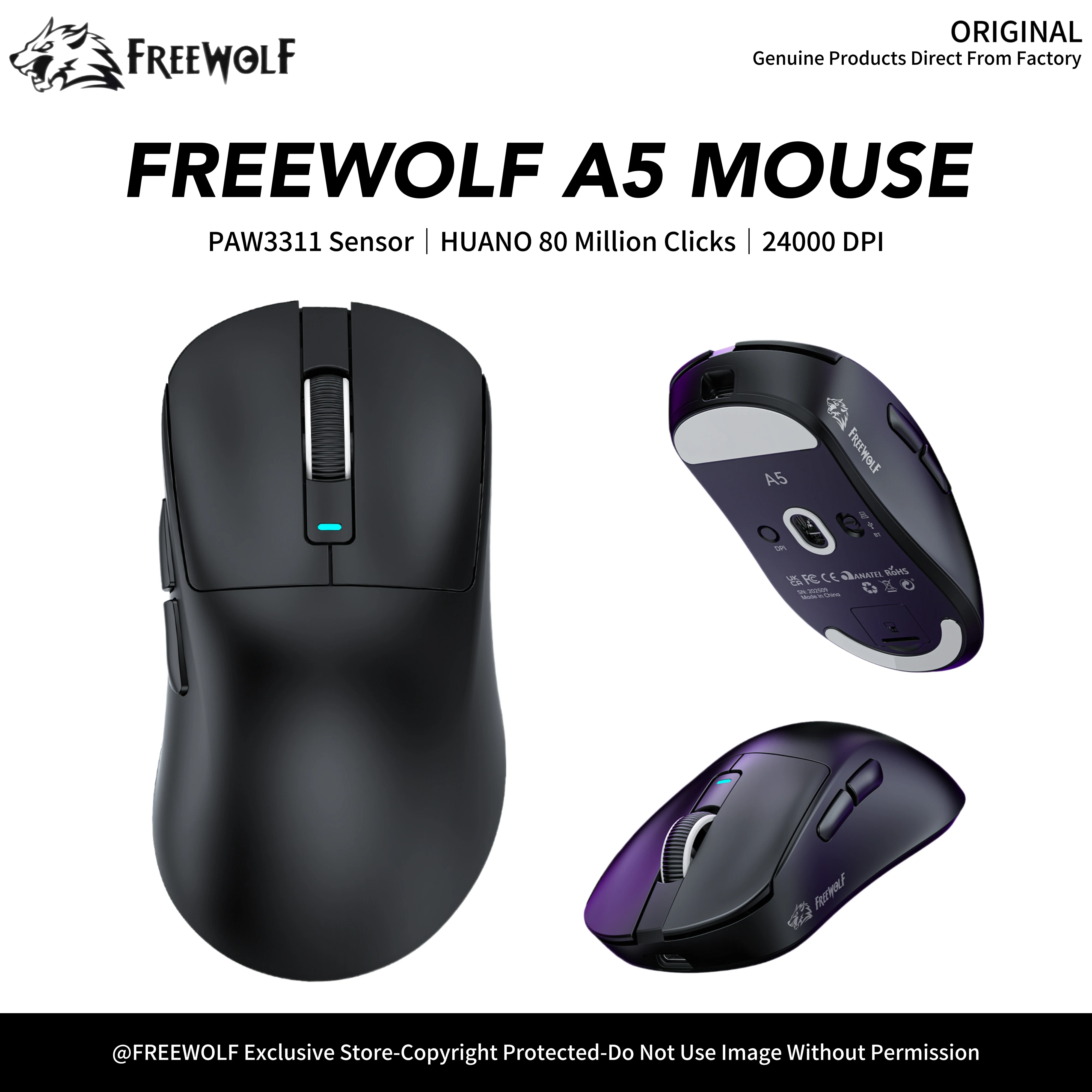 

Игровая мышь FREEWOLF A5 с беспроводным Bluetooth-подключением, сенсором PAW3311, 24000 DPI, для правой руки