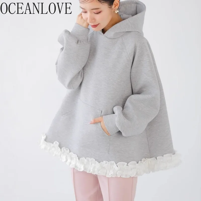 OCEANLOVE Lace Ruffles Women Hoodies Autumn Winter Loose Warm Hooded Sweatshirts Japanese Style Sweet Elegant Sudaderas