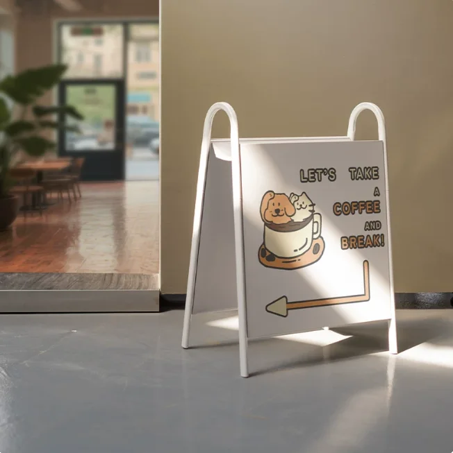 Vertical Billboard Display Stand At The Door, Creative Storage Signs, Outdoor Mobile Floor Metal Standing Signs in Coffee Shops