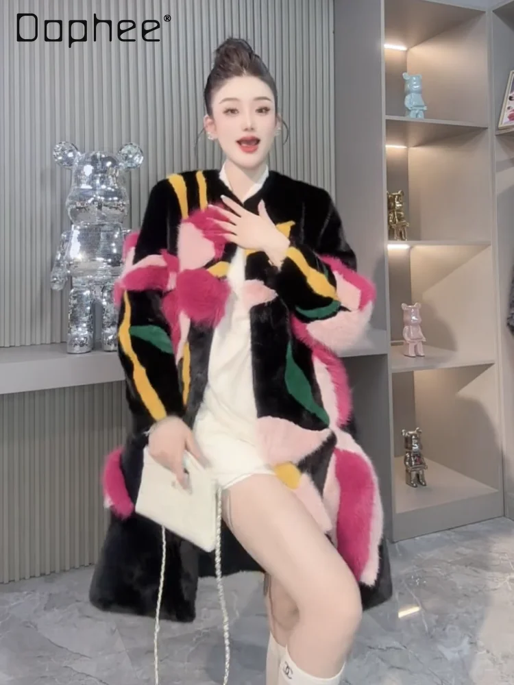 2025 Winter New Faux Fur Coat Women Mid-Length Round Neck Over-the-Knee Faux Mink Fur Coat Women Winter Jacket