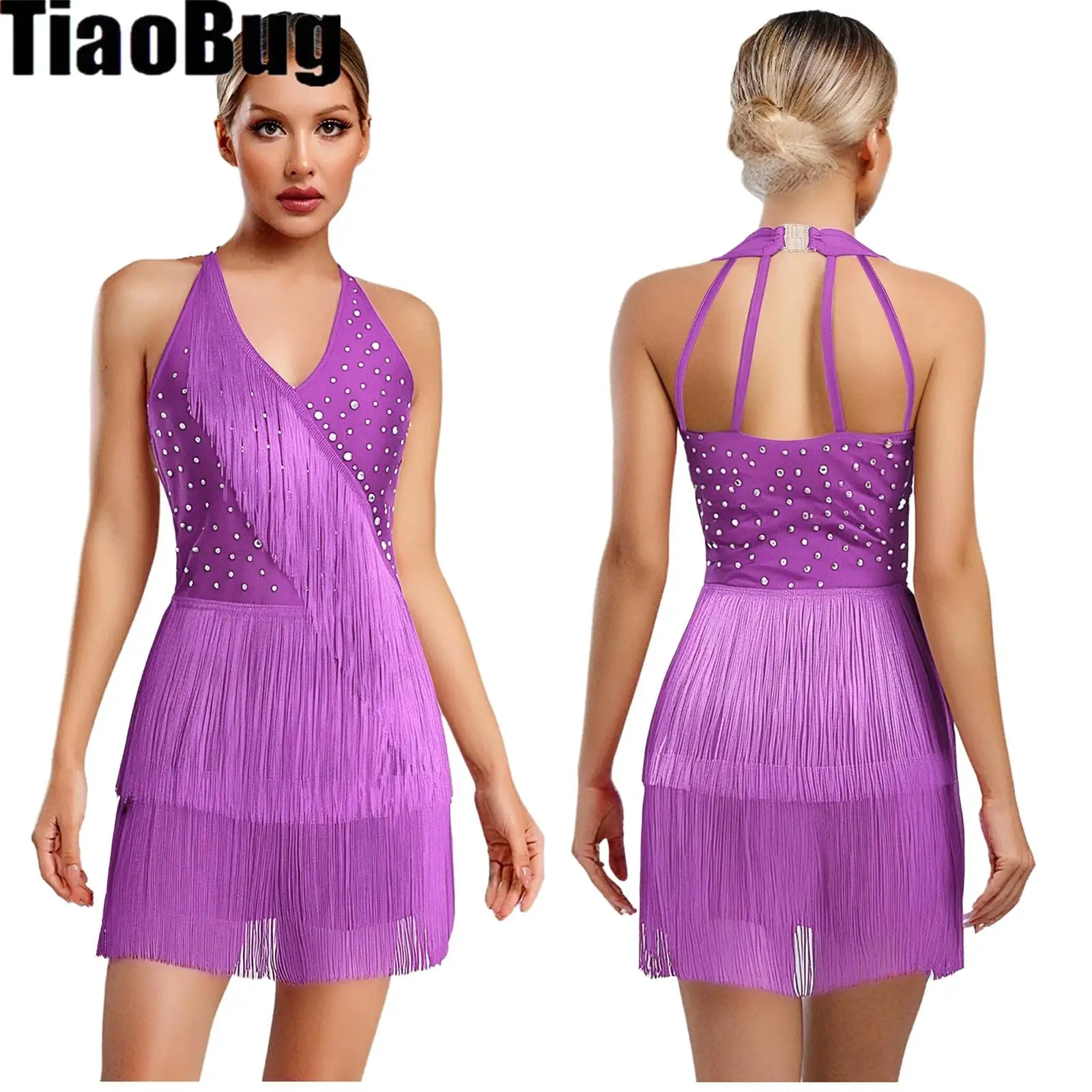 

Women Latin Dance Leotard Jumpsuit Halter Sleeveless Rhinestones Layere Fringed Bodysuit Figure Skating Tango Salsa Jazz Costume