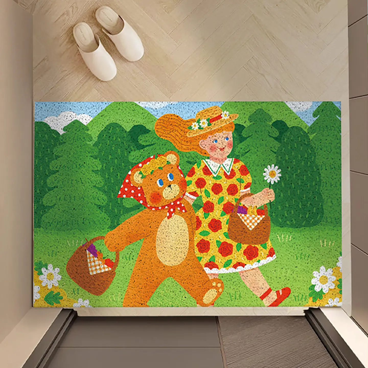 Retro Cute Bear Girl Nature Painting Printed PVC Coil Doormat Cuttable Wear‑Resistant Non‑Slip Dirt Trapper Porch Carpet