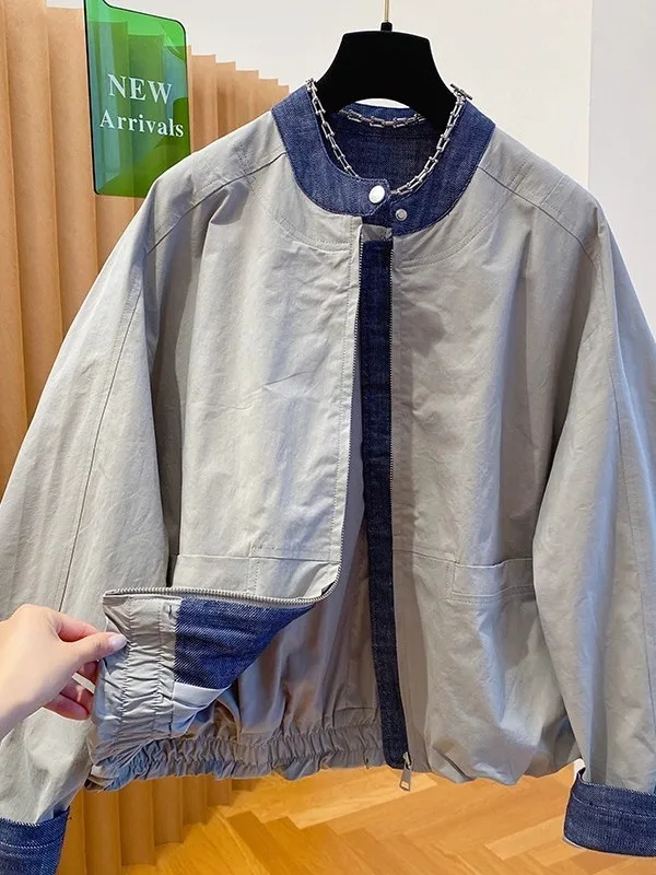 컬러 블로 데님 재킷 여성용 루즈핏 지퍼 가디건 탑 봄 가을 신상 슬림 디자인 출퇴근용 긴 소매