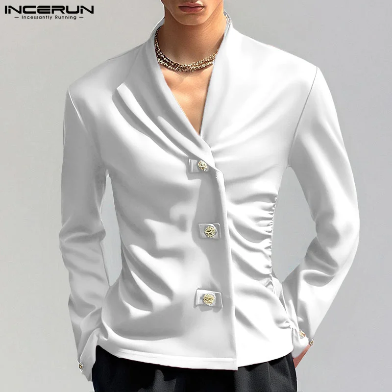 Streetwear Solid Color Men Shirts Casual Fashion Summer Spring INCERUN Turn-down Collar Tops Pleated Shirt Oversize S-5XL