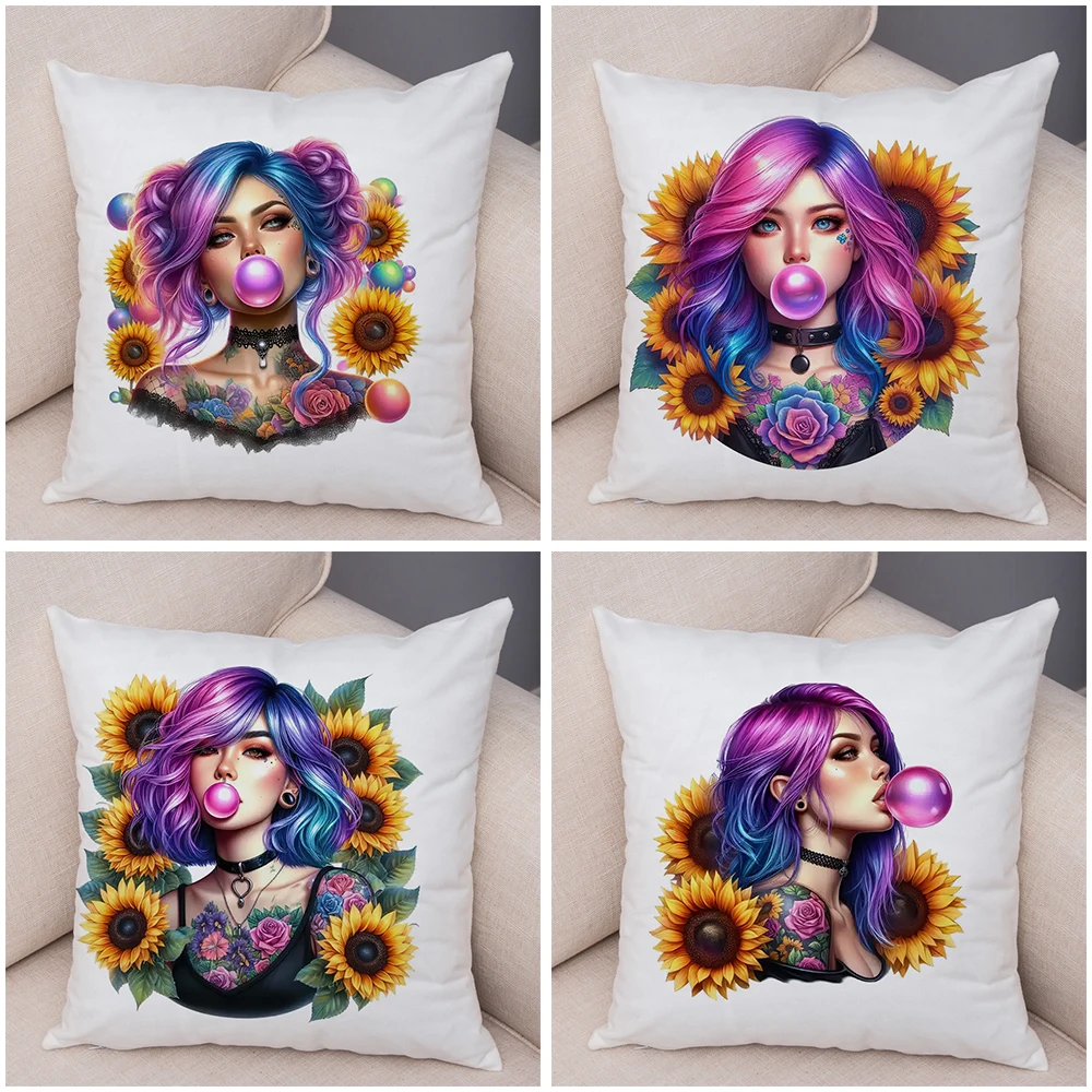 Vibrant Hairstyle Pillowcase Double Print Bubble Gum Cushion Cover Soft Plush Sunflower Motif Pillowe Case for Sofa Home Car