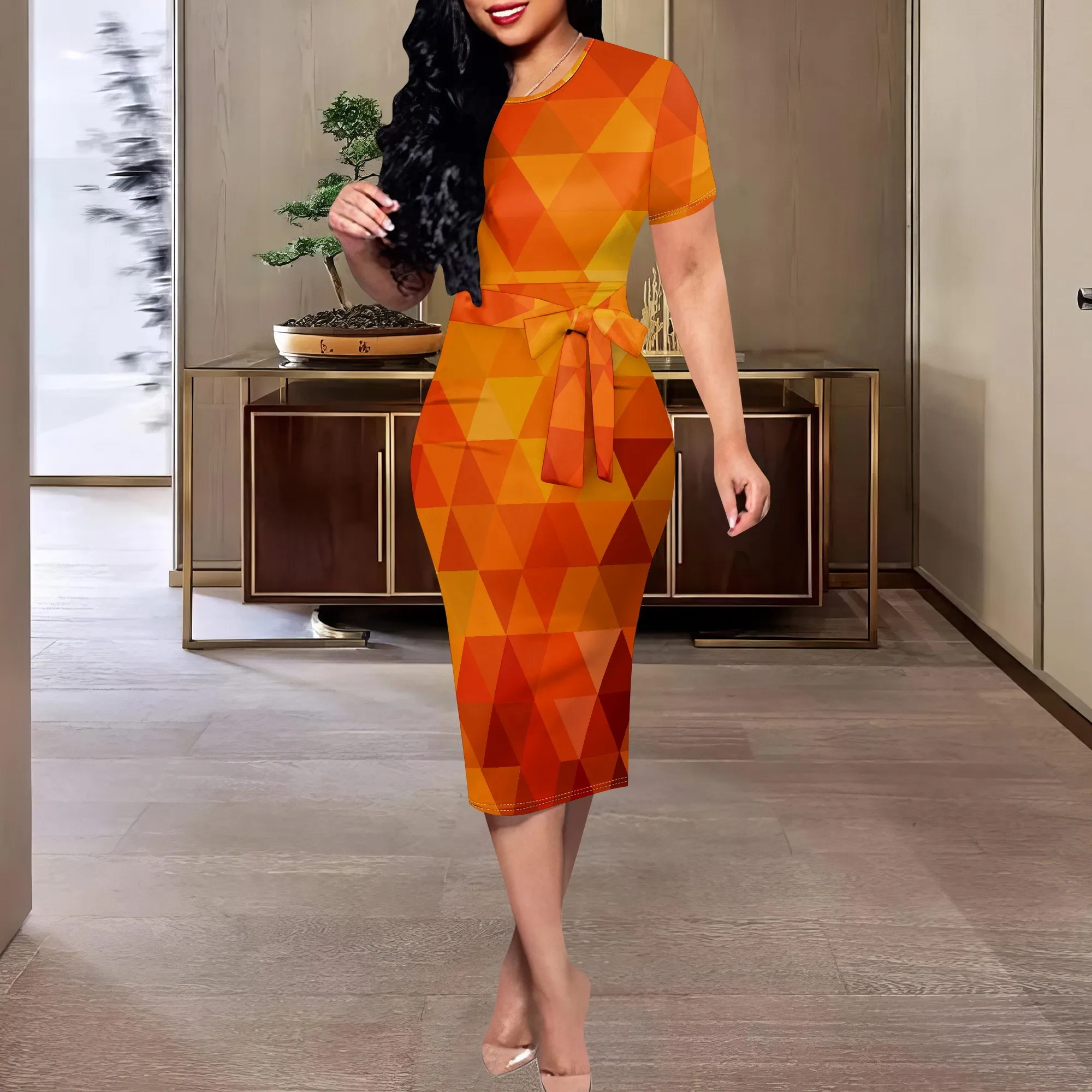 

Orange Geometric Belted Midi Dress for Women XS-3XL Short Sleeve Office or Church Look Elegant Spring Style