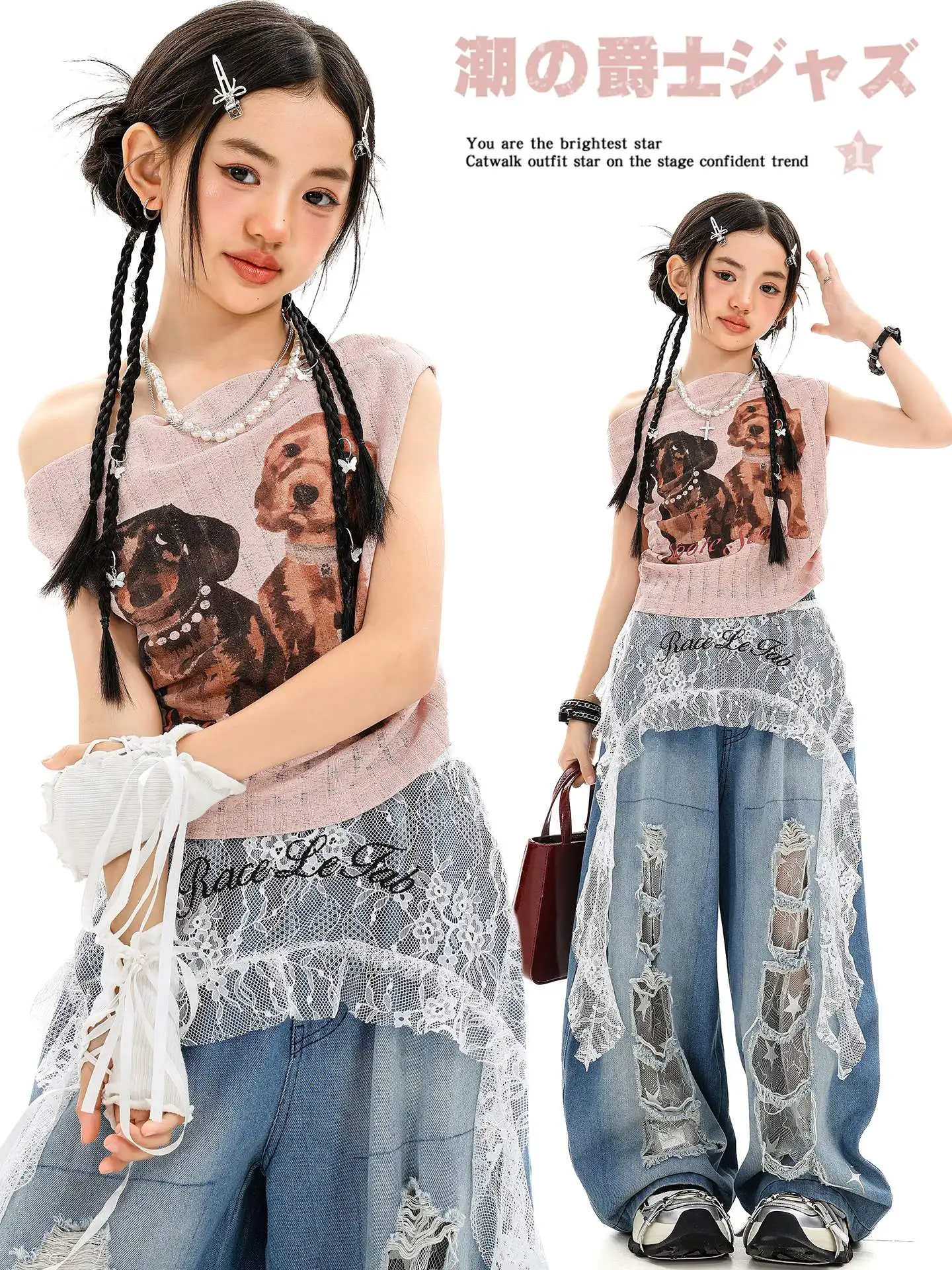 

Детская одежда для джазовых танцев, Kpop, команда для девочек, топ с наклонными плечами в стиле хип-хоп, рваные брюки, костюмы для уличных танцев, DQL11313