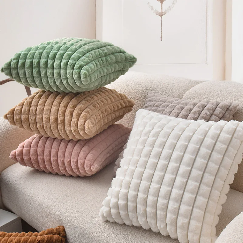 Pillow Cover Nordic Light Luxury Imitation Rabbit Hair Checkered Pillow Living Room Sofa Solid Color Plush Cushion