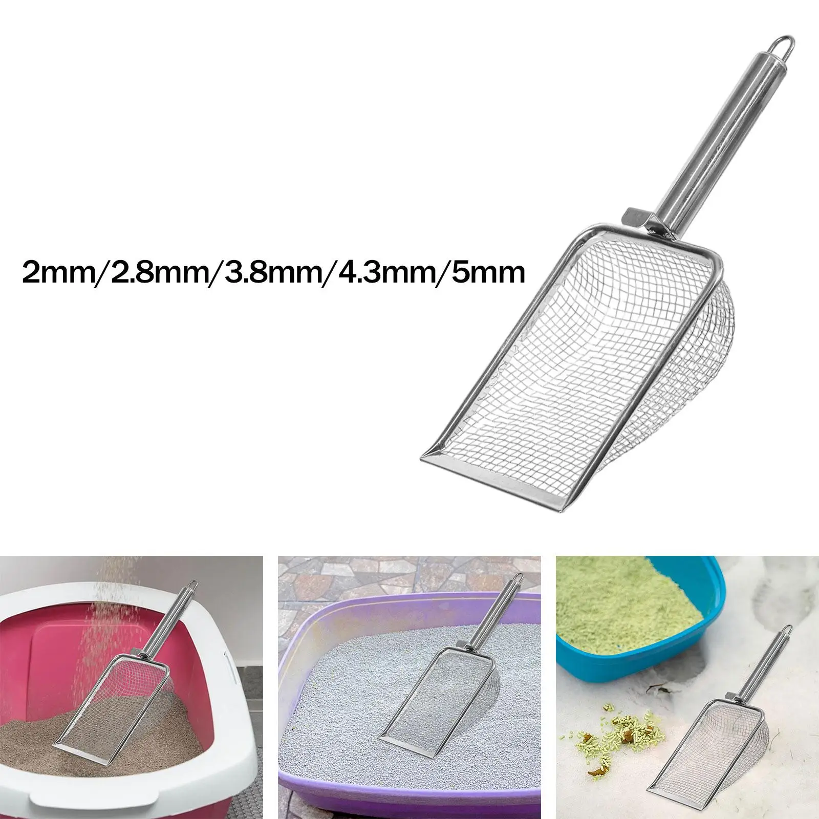 Herramienta de limpieza para paletas de arena para gatos, limpiador de arena para tamizar de acero inoxidable, pala de malla multifuncional de alta resistencia y práctica