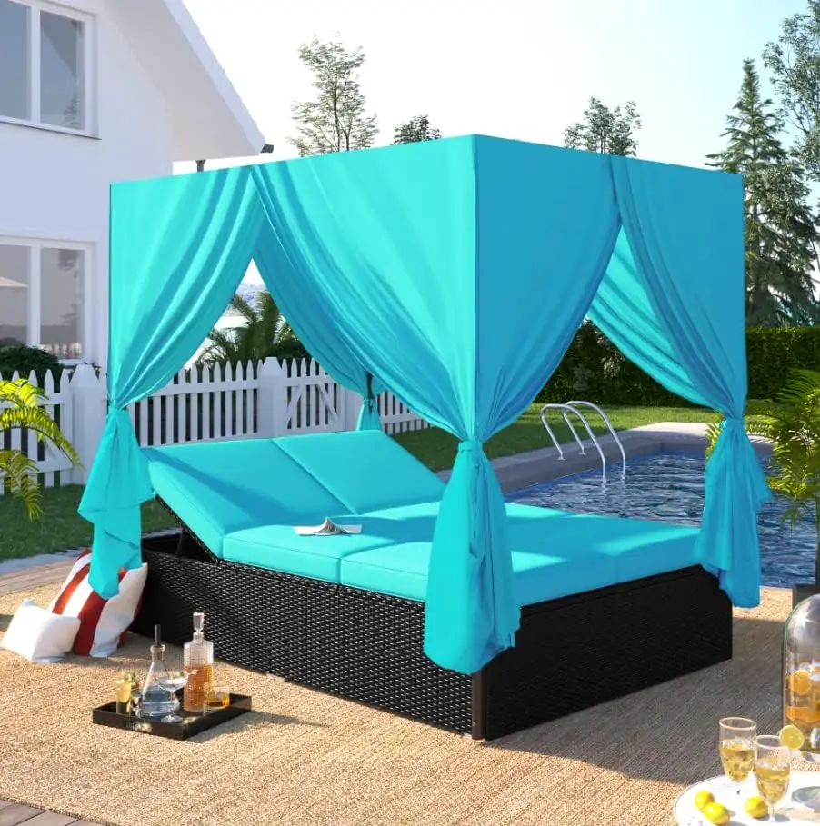 Terrassen möbel Sets, Outdoor Daybed Patio verstellbare Liege, Allwetter Pe Rattan Korb Sonnen liege Tages bett mit Vorhängen