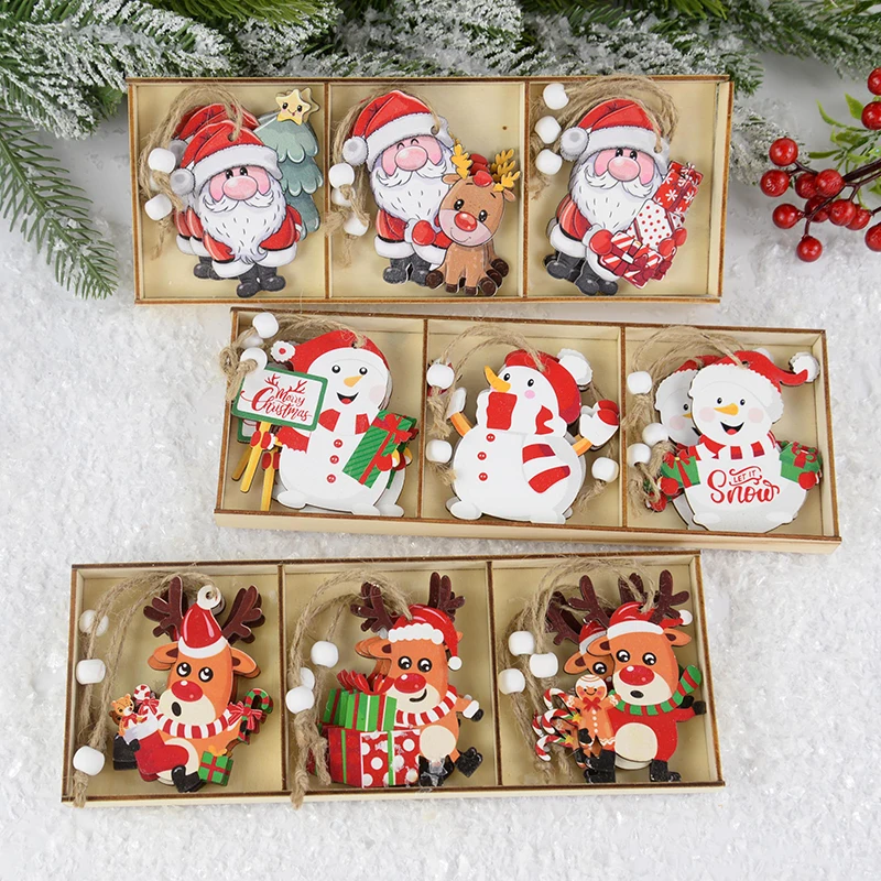 

9pcs Wooden Cartoon Square Grid Santa Claus Snowman Reindeer Figurine Christmas Gift Christmas Tree Ornament Navidad Pendant