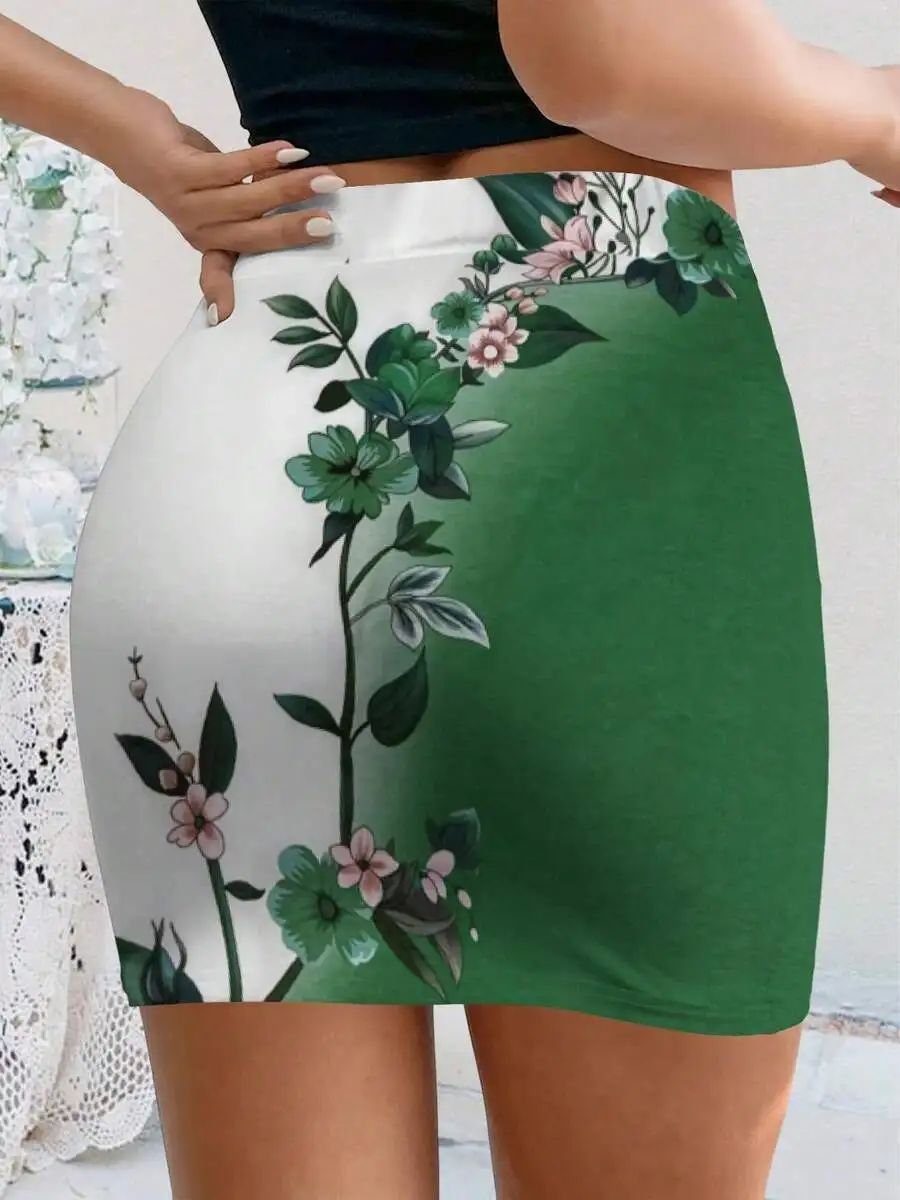 Women Summer Bodycon Skirt Floral Print Casual Mini Skirt Green White Gradient