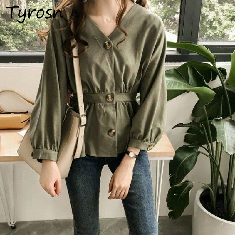 

S-3XL Shirts Women Elegant Design Fashion All-match Leisure V-neck Retro Female Popular Folds Korean Style Autumn Simple Cozy