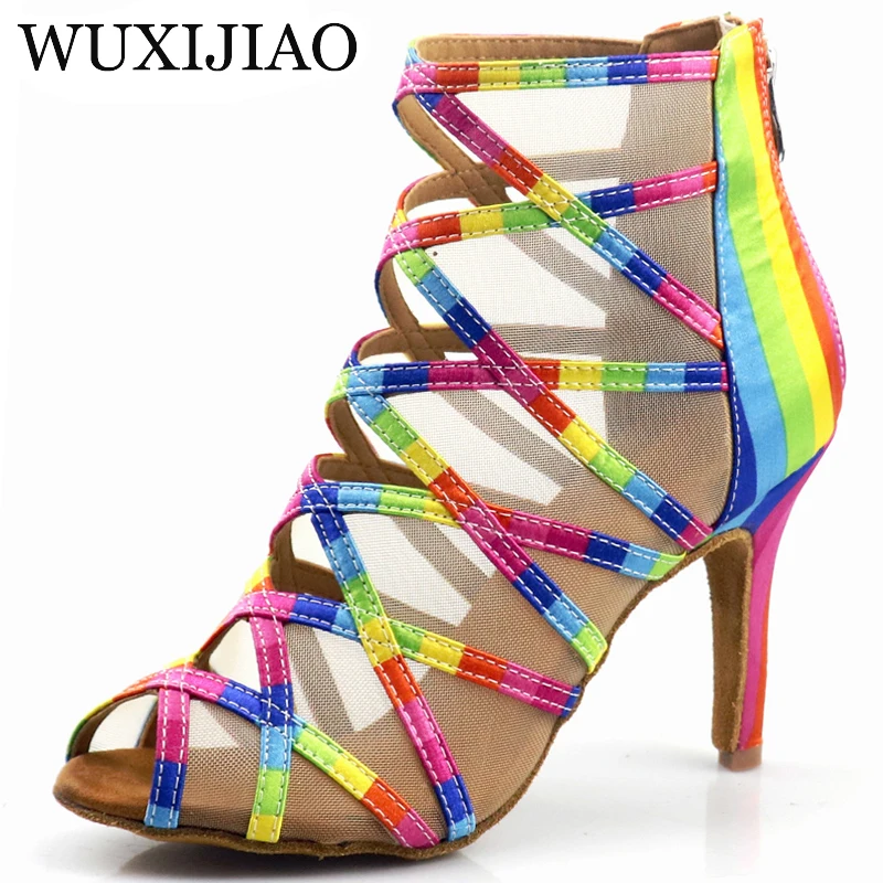 

WUXIJIAO Ladies black mesh suede fashion cross strap sexy high heel sandals comfortable latin dance salsa shoes