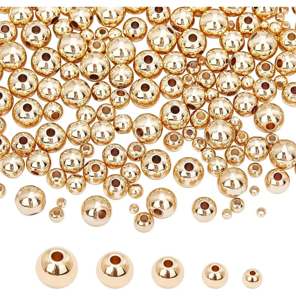 

14K Gold Spacer Beads 300pcs Round Brass Beads 5 Size Metal Smooth Beads Seamless Ball Beads Long-Lasting Little Beads