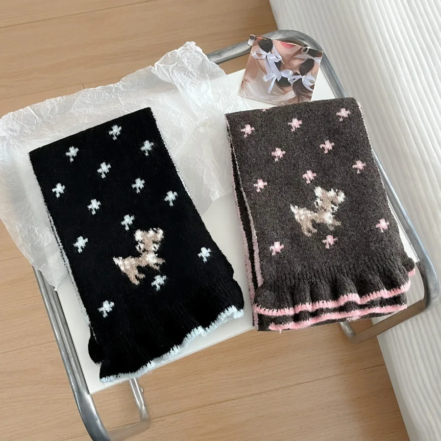 Cute Deer Print Scarf Winter Warm Wool Blend Knitted Scarf