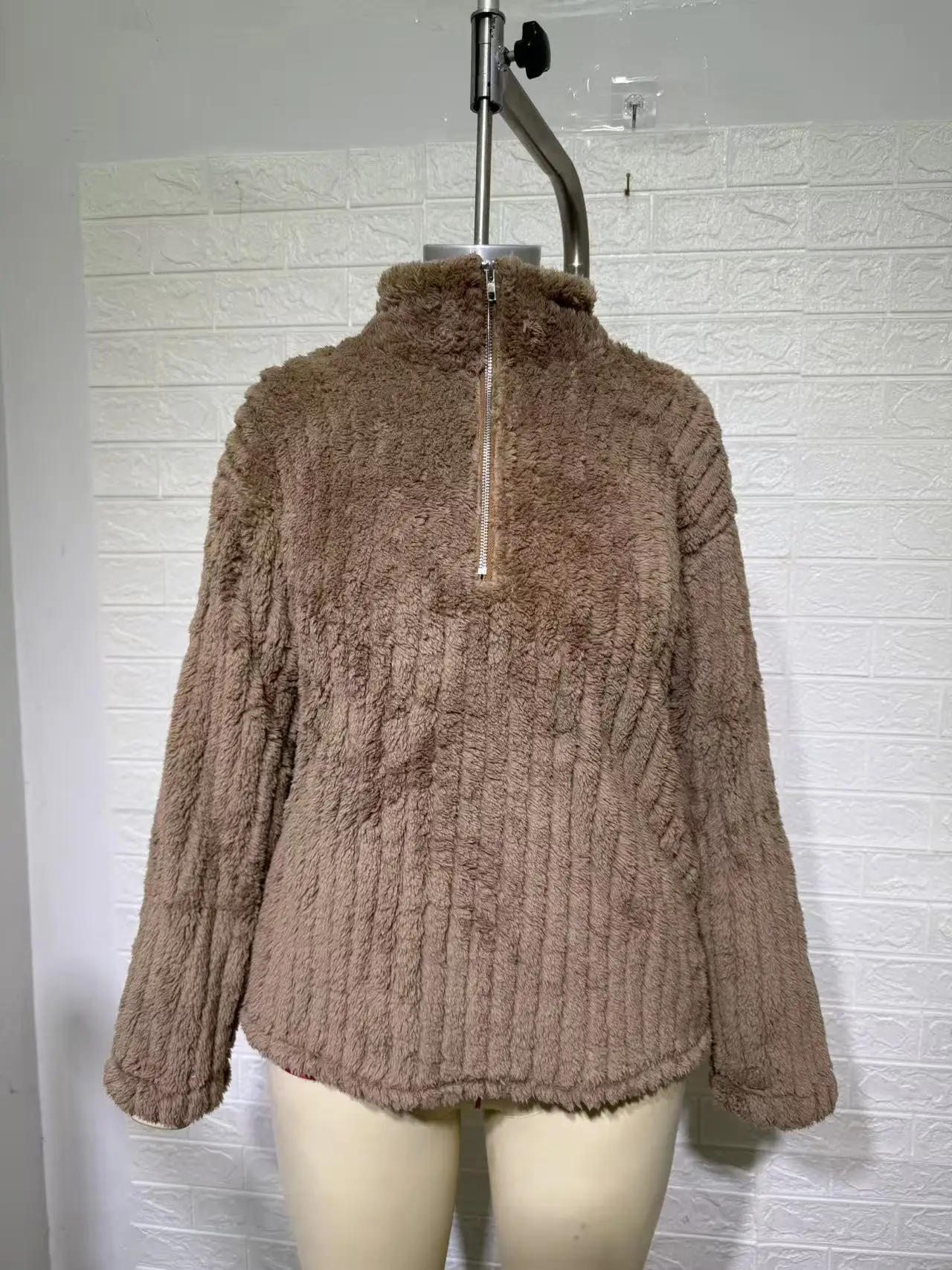 Women's Autumn Winter Turn Collar Ribbed Fleece-lined Warm Zip-up Long-sleeved Sweatshirt
