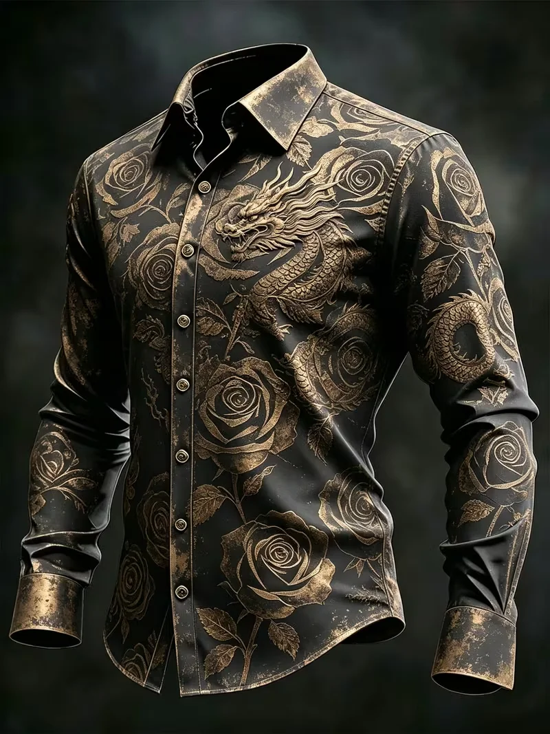 New men's shirt mirror satin white background vertical version palace vine full body printed long sleeved shirt