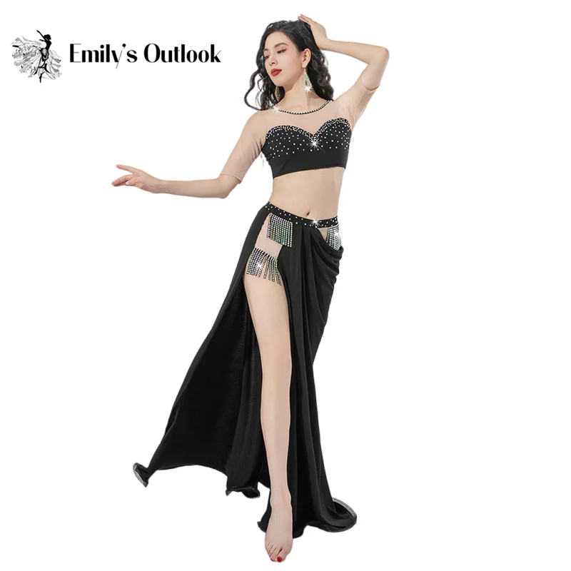 Sexy Women 2 Piece Bellydance Costume Long Gauze Sleeve Fringe Sparkle Skirt Side Split Performance Oriental Show Outfit Team