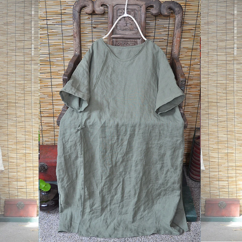 

100% Linen Women Casual Dress New Arrival 2025 Summer Vintage Style O-neck Plain Color Loose Female Long Dresses T463