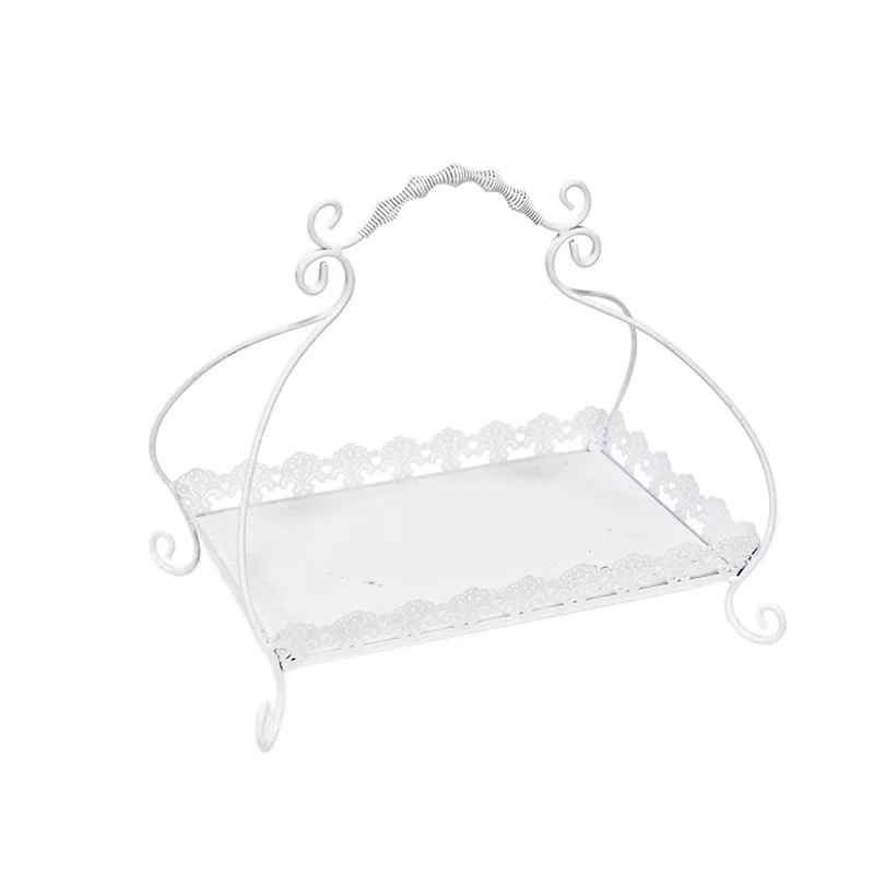 

Home Decor Romantic Lace Rim Rectangle White Metal Display Organization Tray with Lifting Handle