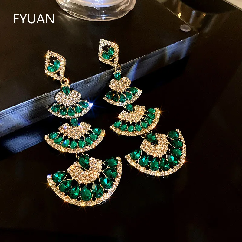 FYUAN Vintage Green Crystal Drop Earrings for Women Oversize Long Sector Geometric Dangle Earrings Statement Jewelry