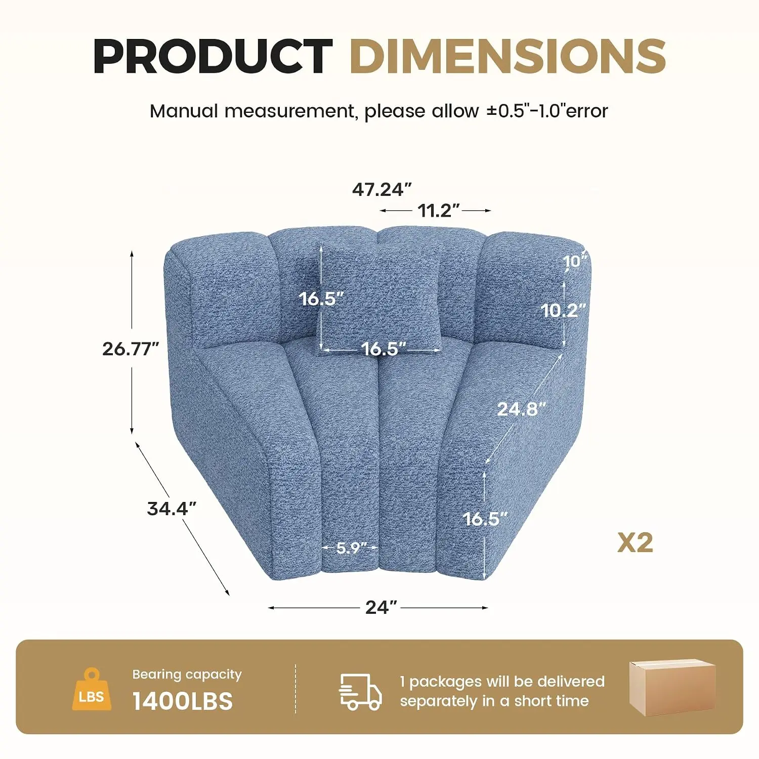 1/8 Round Curved Sofa, 2 Seater Modular Velvet Loveseat, Boneless Sectional For Living Room, No Assembly, Light Blue, Customized