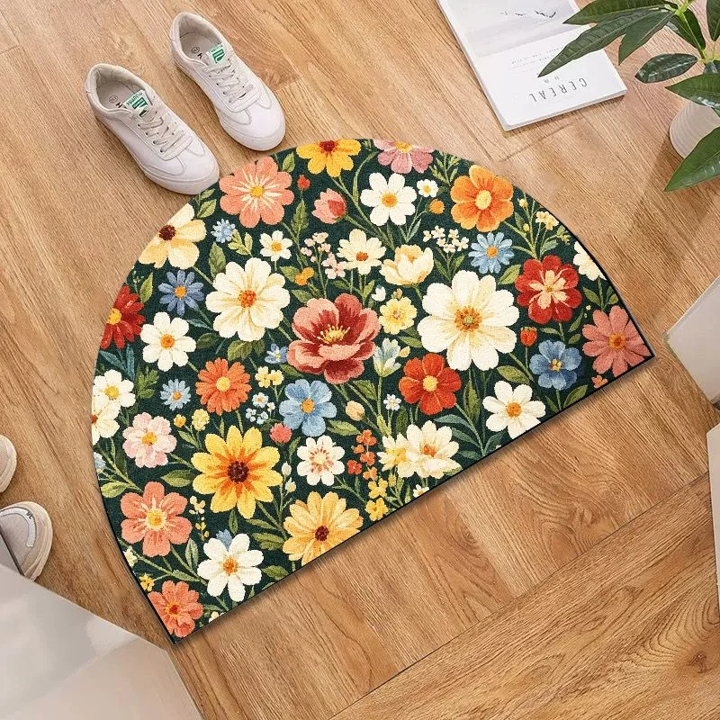 Half Round Vintage Floral Print Doormat 3D Visual Non Slip Absorbent Front Door Mat Rustic Cottage Home Decor Entrance Rug