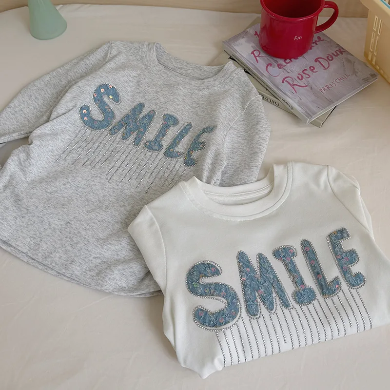 Girls High Elasticity Cotton T-shirt Girls Spring Outfit Bright Diamond Letter Hot Stamping Children Base Shirt