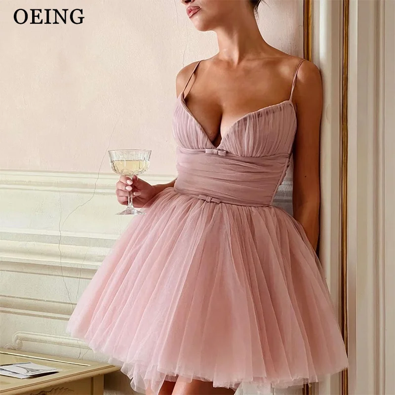 OEING Elegant Pink Tulle Prom Dresses Spaghetti Strap A-Line Evening Dress Sweetheart Sleeveless Above Knee Party Gowns 2024