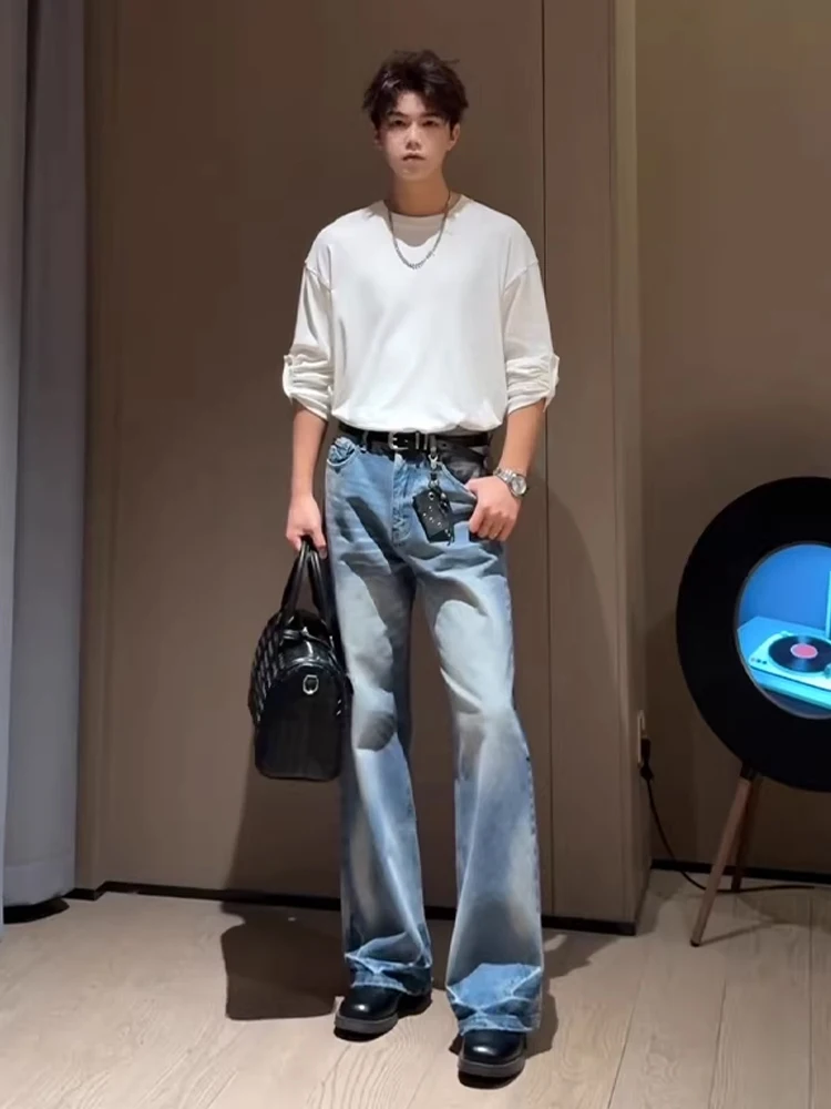 

Cleanfit Men's Blue Whisker Waed Denim Jeans High Street Sle Slim Fit Long Legging Micro Flared Pants Casual Wear