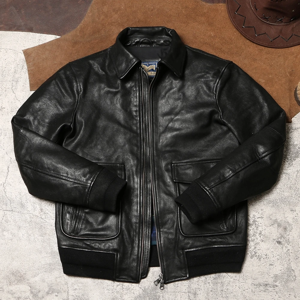 Black Autumn Pilot Leather Jacket Men Military Style Plus Size 5XL Natural Sheepskin A2 Aviation Genuine Leather Coat