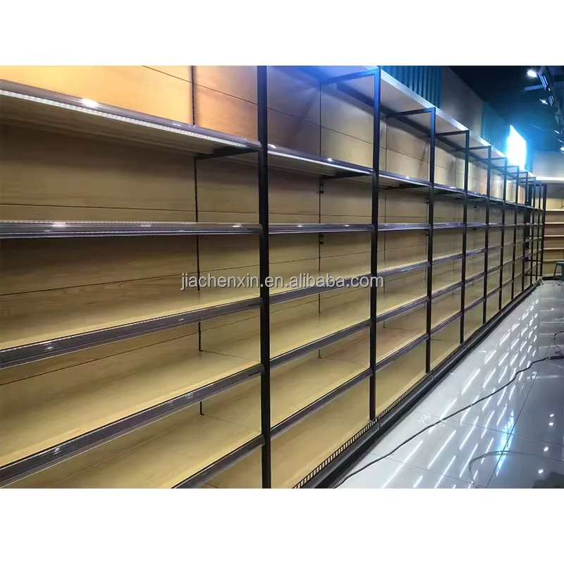 Custom.Wooden Metall Holz Farbe Gondel Regal Supermarkt Display Regale Design Lebensmittelgeschäft Display Regal Doppelseitiges Rack