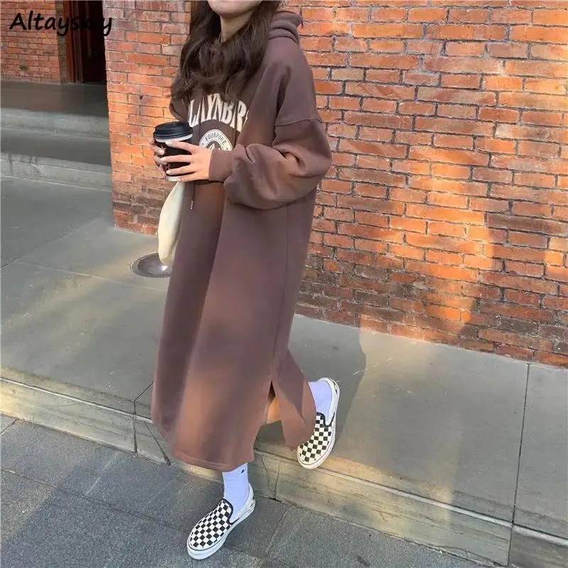 

Women Hooded Long Sleeve Dress Letter Printed Aesthetic Loose Mid Calf Dresses Elegant Cool L-5XL Korean Fashion Warm Vestidos
