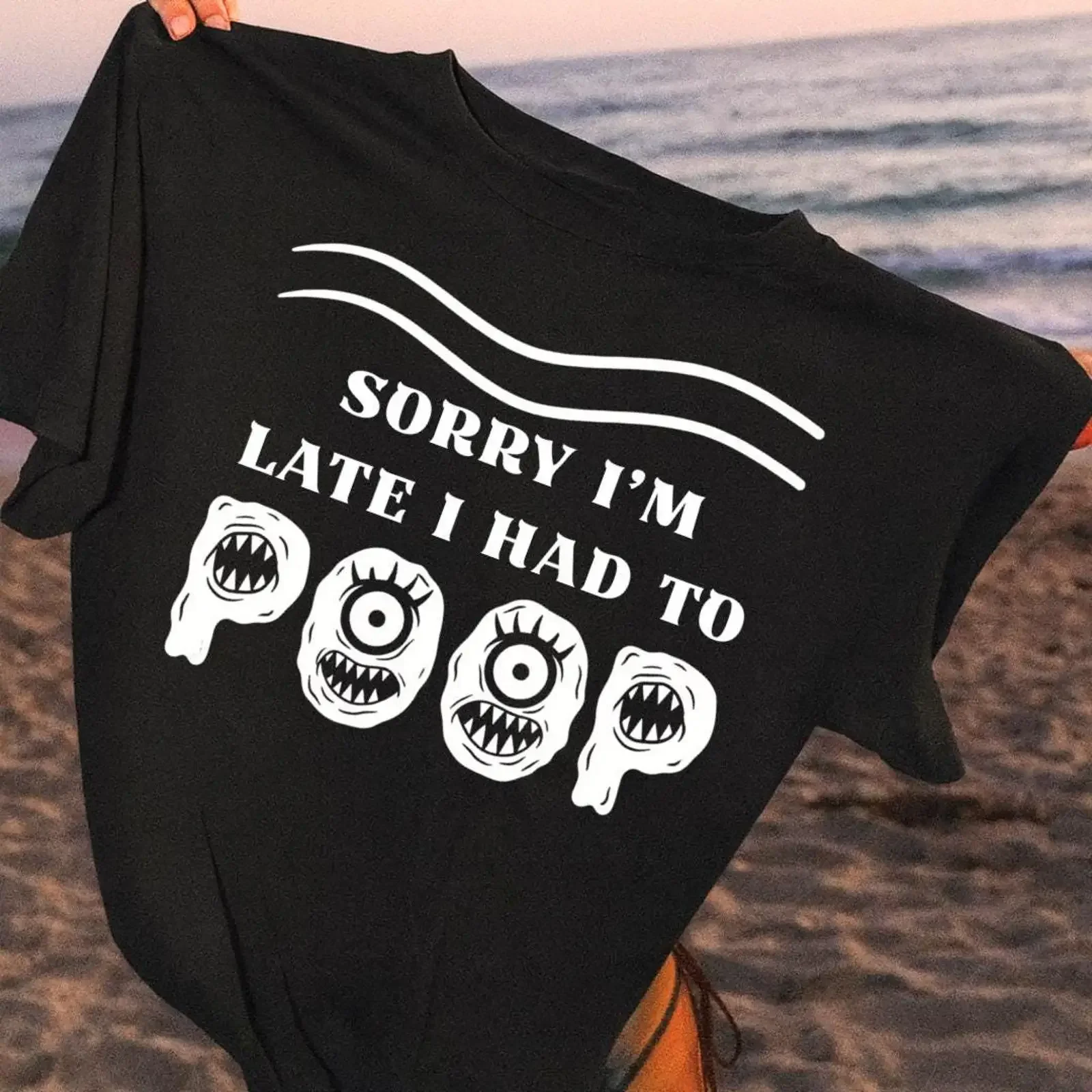 Sorry I amp 39 m Late Had to Poop Funny Toilet Pooping Saying T Shirt vintage Washed designer clothes Breathable Stretched