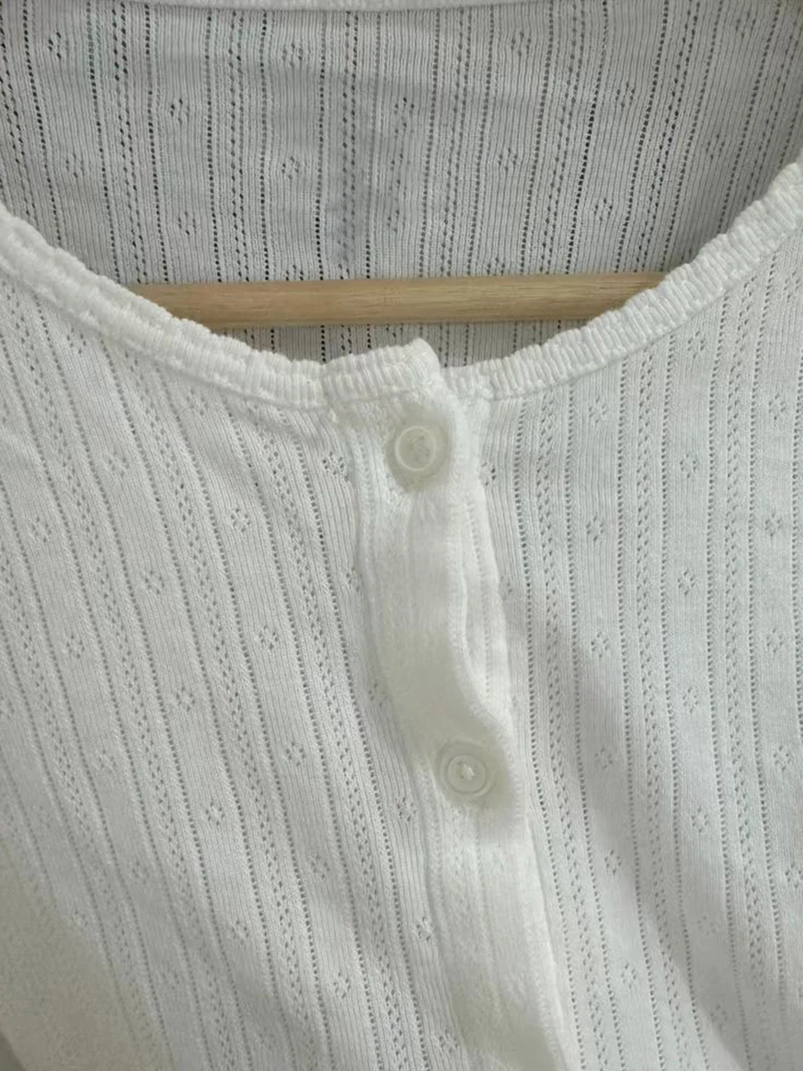 White Knitted Eyelet Cardigan T-shirt Women Lace Trim Scoop Neck Long Sleeve Slim Tee Shirts Sweet Casual Fashion Crop Tops Y2k