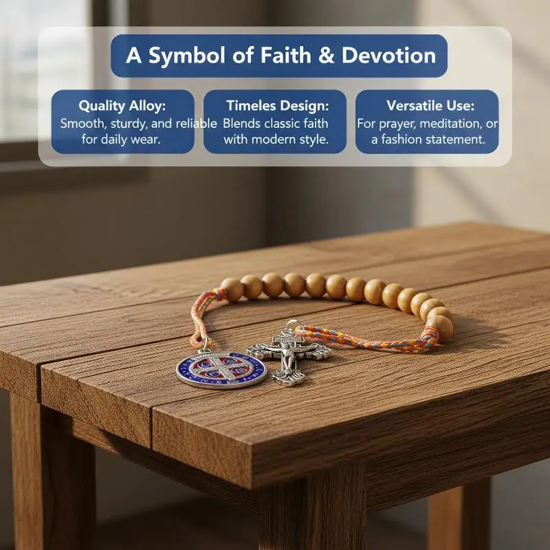 Handmade Brown Wood St. Benedict Rosary with Medal Religious  Prayer Beads Decor for Desk Spiritual Gift for Believers