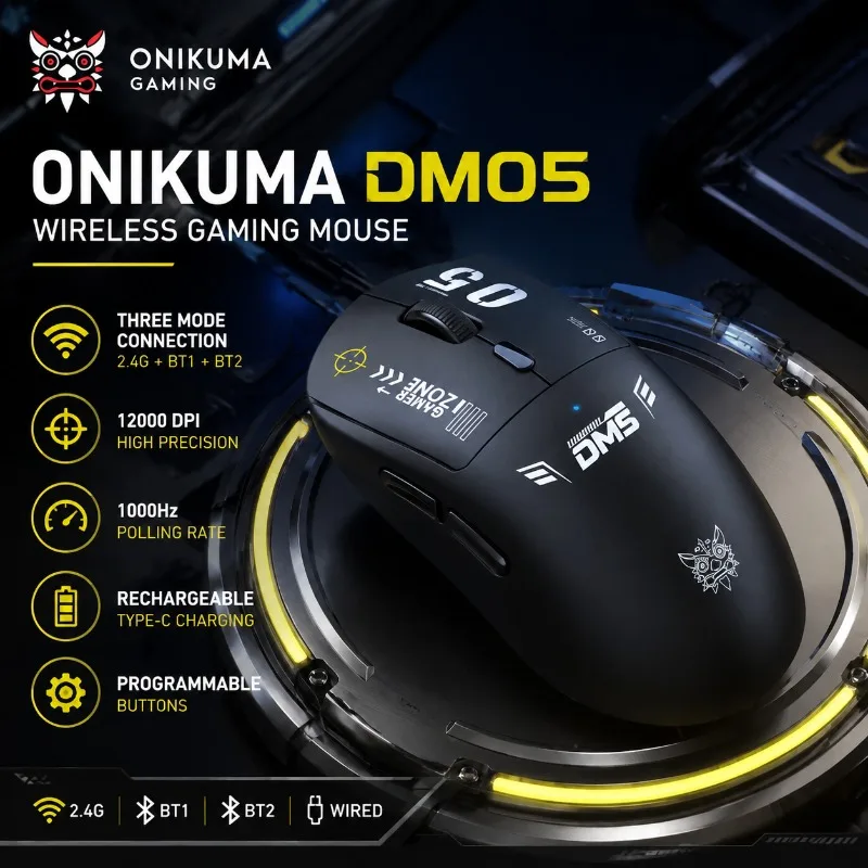 ONIKUMA DM05 Wireless Gaming Mouse Tri Mode Bluetooth 2.4G 12000 DPI 1000Hz Rechargeable Ergonomic Programmable PC Laptop Gamer