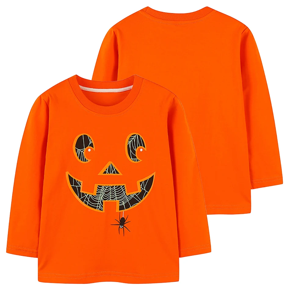 Autumn Enchanting Glow Children Long Sleeves T-Shirts with Halloween Activities Pumpkin Pattern Neon Art Small and Medium Sizes