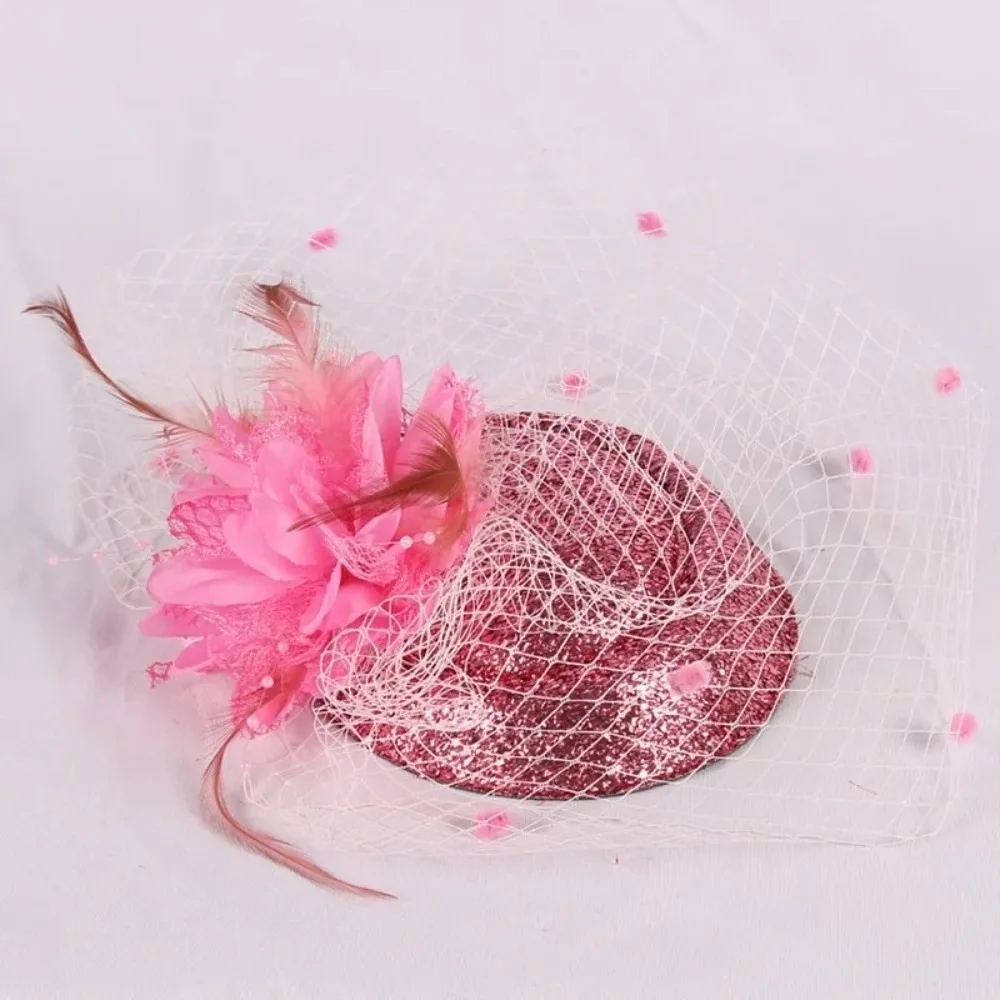 Exquisite Solid Color Felt Fascinator Hat Wave Point Mesh Hair Clip Hat Feather Flower Luxury Wedding Veil Hat Girl