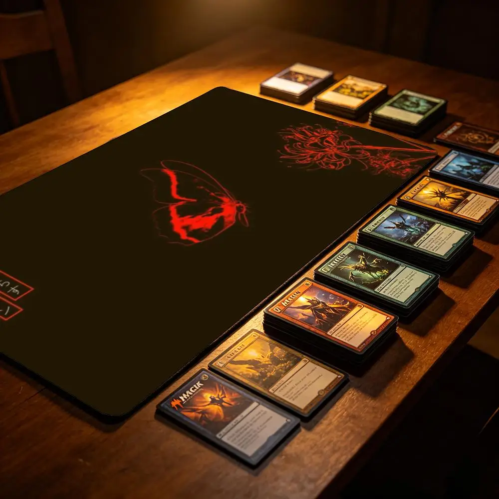 Red Glowing Butterfly TCG Playmat Red Spider Lily Lycoris Japanese Kanji Text Black Minimal Background Non‑Slip Desk Mat