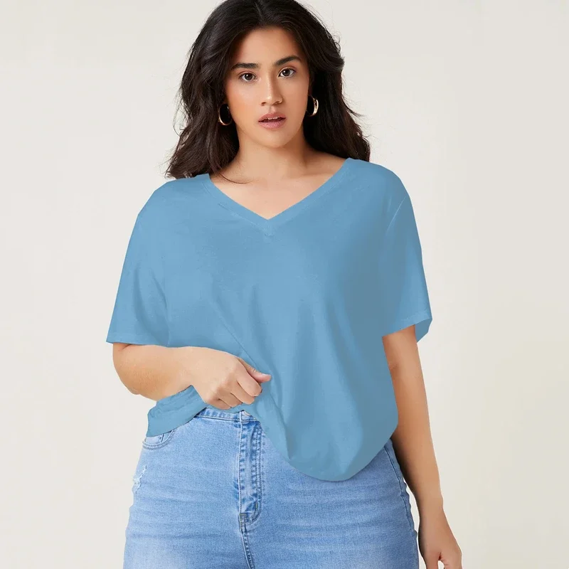 Plus Size V-neck Short Sleeve Summer Casual Top Women Drop Shoulder Loose Oversize Solid Basic T-shirt Tee Large Size 6XL 7XL 8X