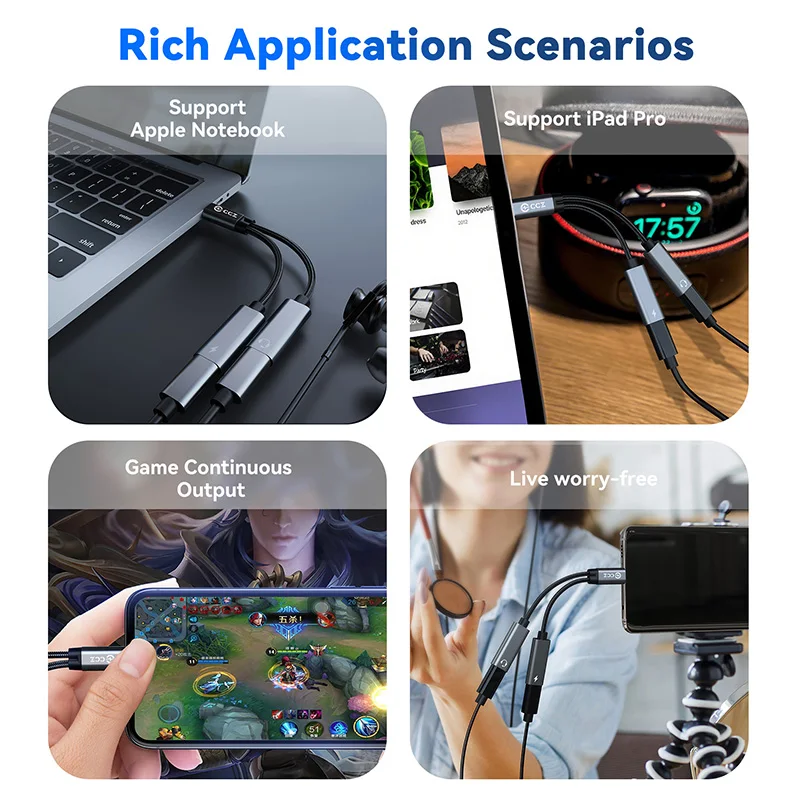 CCZ CA01 USB C a tipo c Jack AUX Audio auriculares Cable 2 en 1 tipo c auriculares 60w PD adaptador de carga rápida para iPhone Macbook